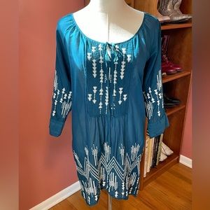 Johnny Was 3J Workshop Blue Embroidered Tunic Top Blouse